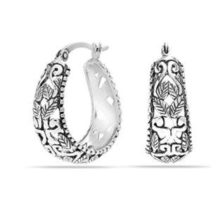 Sterling Silver Antique Floral  Oval Hoop Earrings for Women